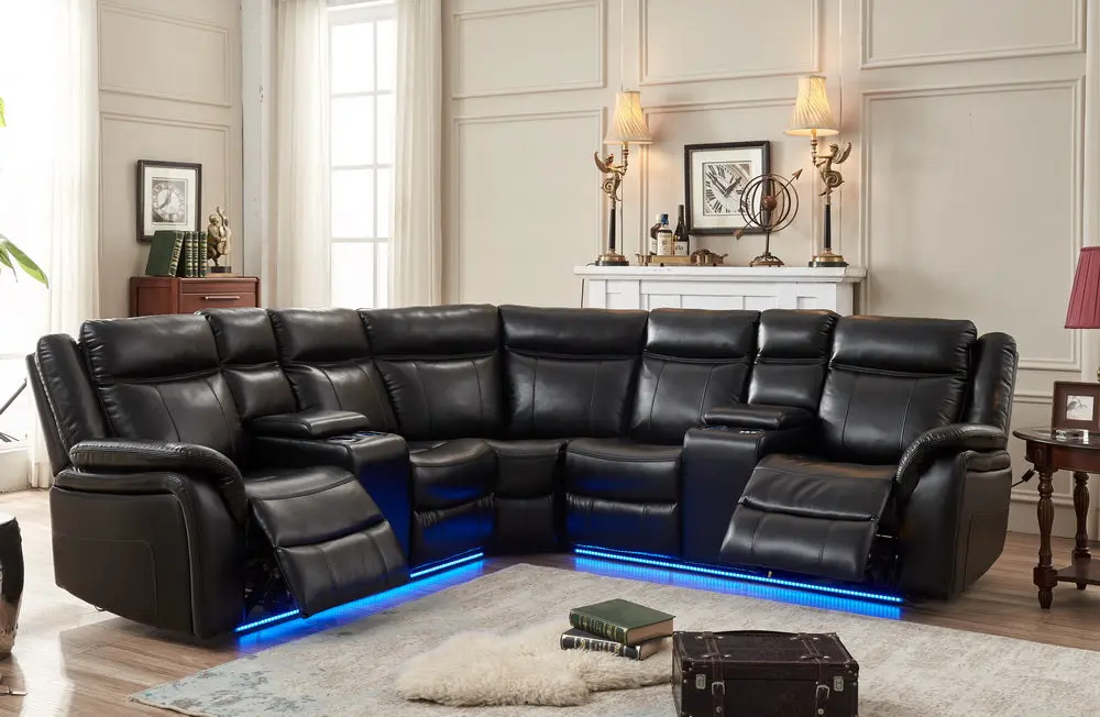 LE153 Power Reclining Sectional Black LED Strip Technical Leather Sofa levin furniture