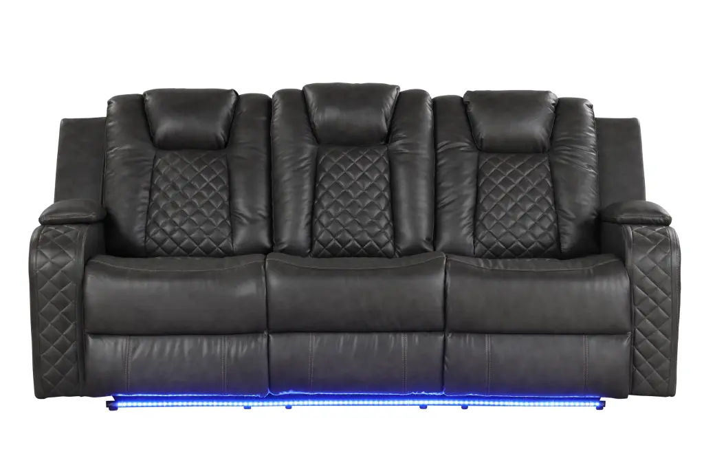 Benz LED Power Reclining Sofa Faux Leather Gray Living Room galaxy home furnishings