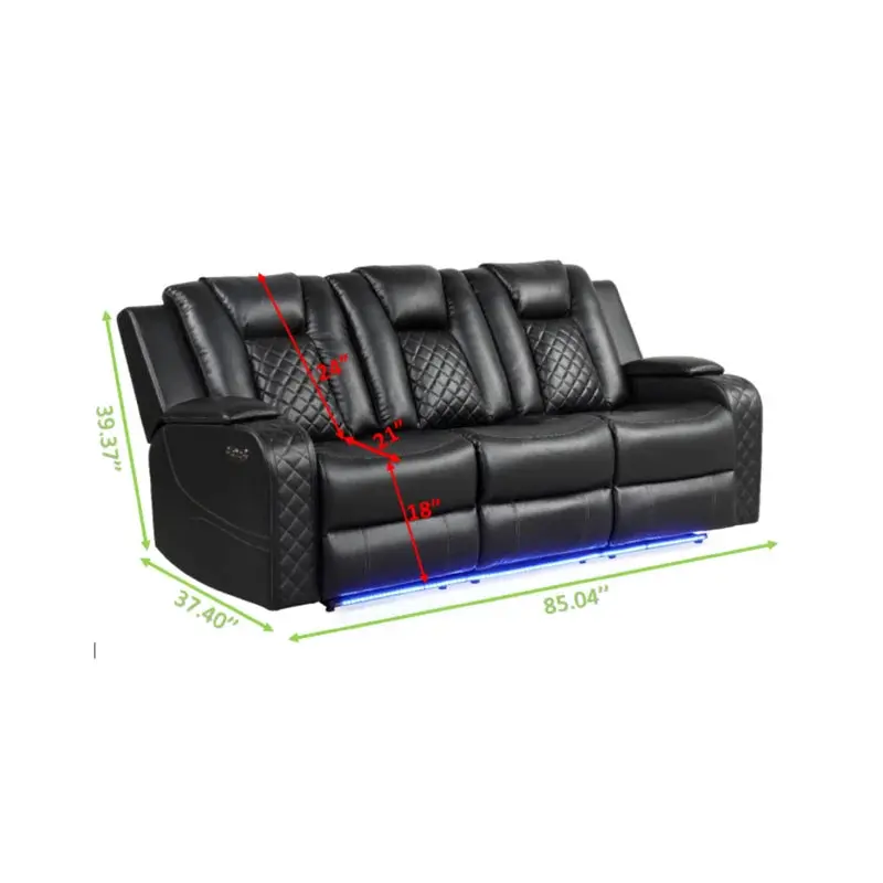LED Power Reclining Sofa Black Faux Leather Living Room galaxy home furnishings