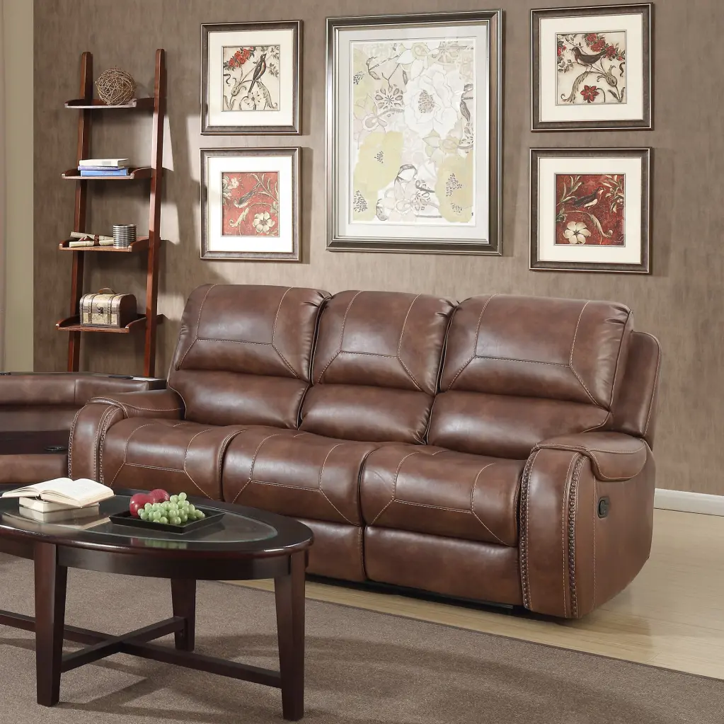 Achern Brown Leather Air Manual Reclining Sofa Storage Console And Cup Holders hz