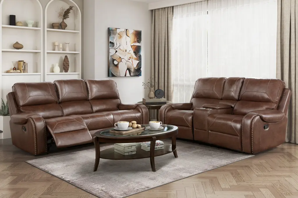 Cozy Reclining Sofa 2 Piece Set Brown Faux Leather Upholstered kanepe