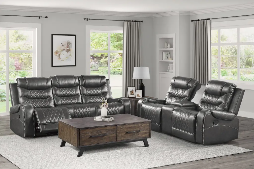 Opulent Living Room Furniture 2 Piece Reclining Sofa Set Gray Faux Leather kanepe