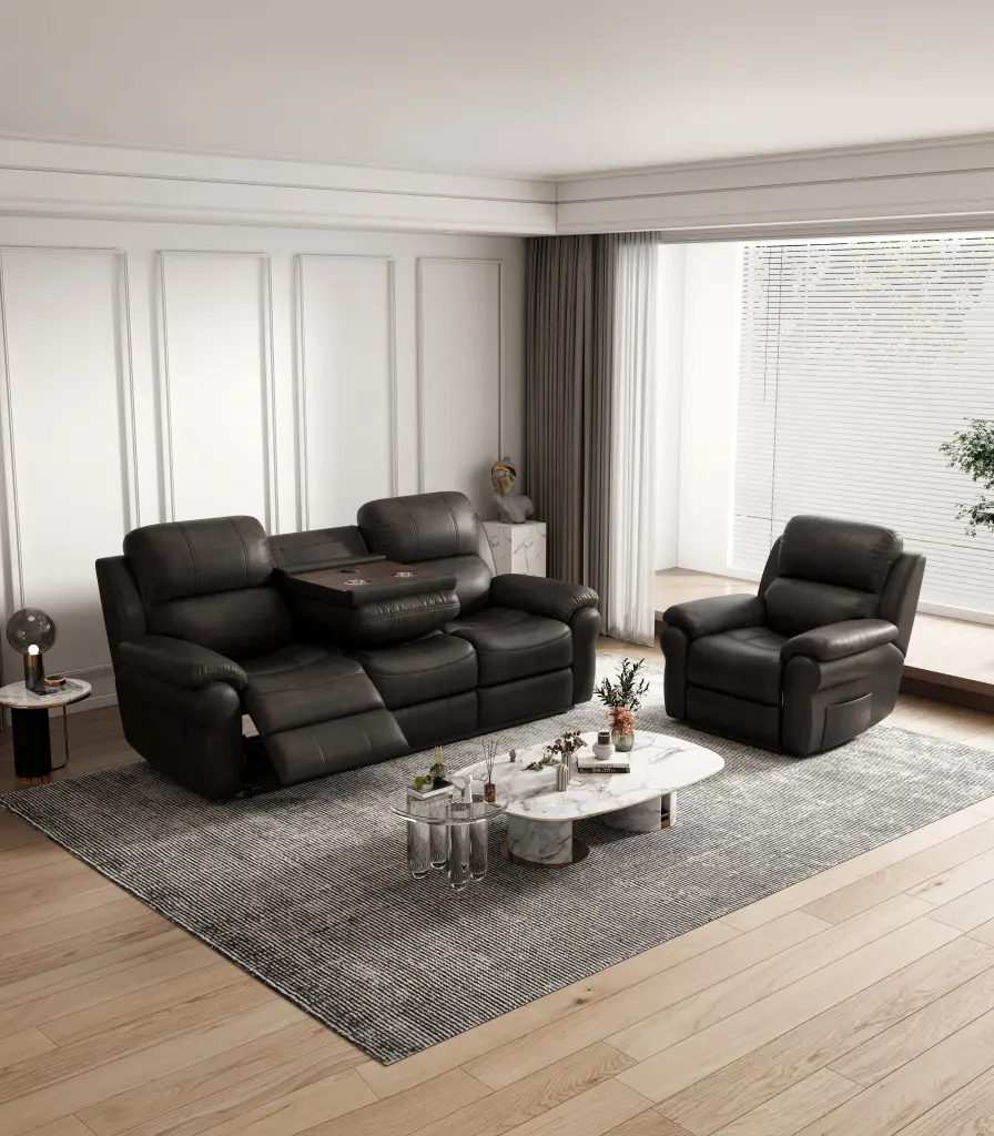 Fabric Power Reclining Sofa Drop Down Table USB Charger and Wireless Features w1896