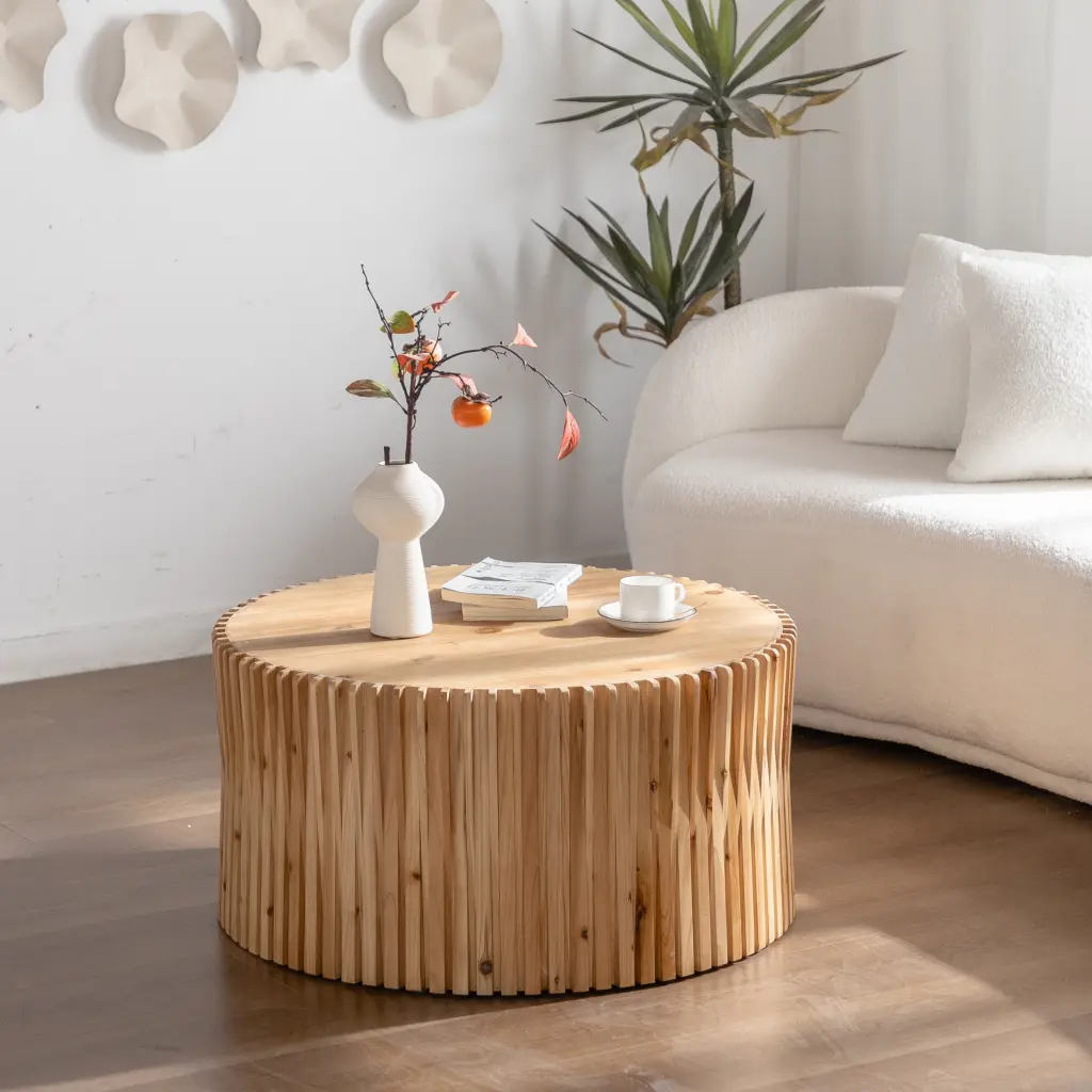 31.5 Inch Retro Fashion Style Cylindrical Coffee Table Vertical Texture rnb
