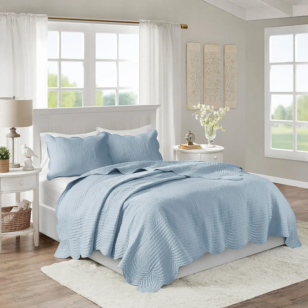 3 Piece Reversible Soped Edge Quilt Set Blue Microfiber Bedding Comforter jla