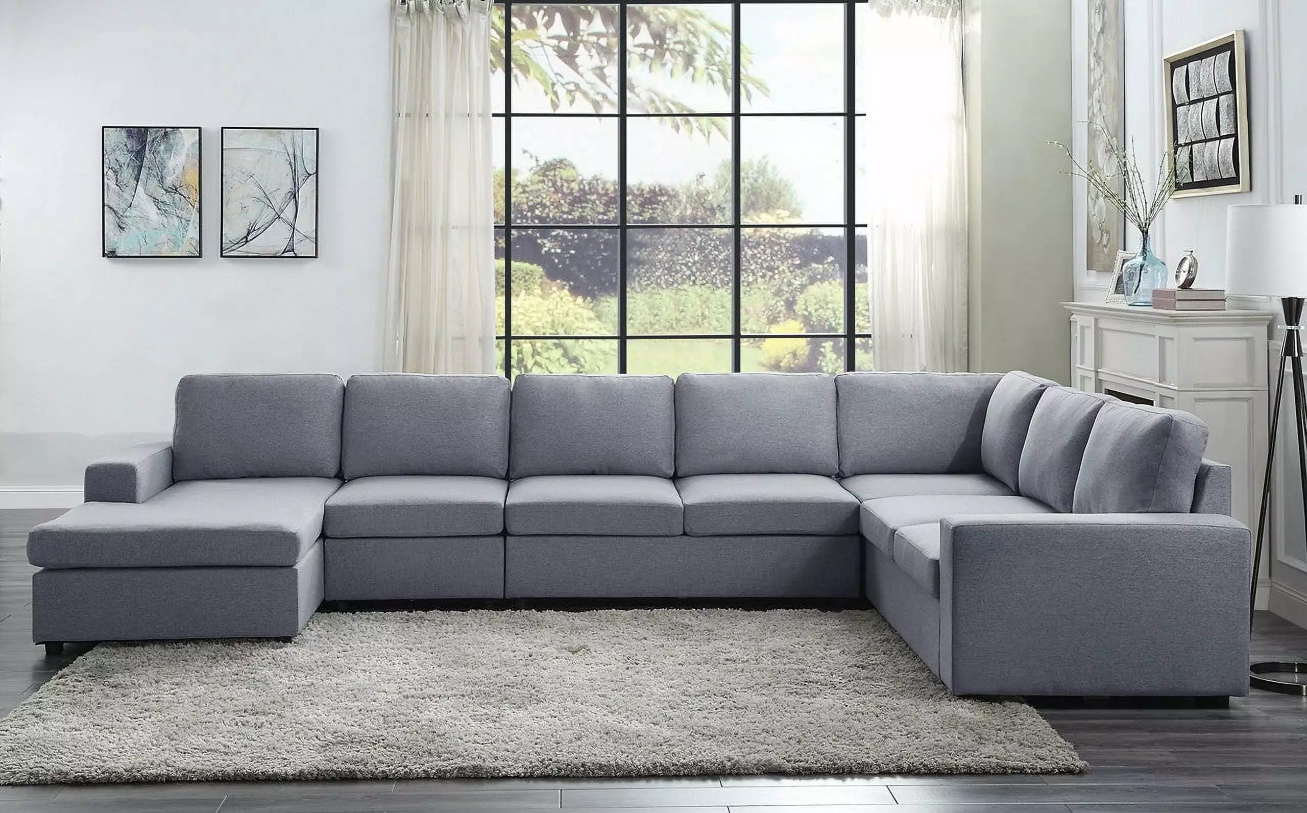 Tifton Linen 7 Seat Reversible Modular Sectional Sofa Chaise Light Gray - Spacious Living Room Furniture Go Green Woods