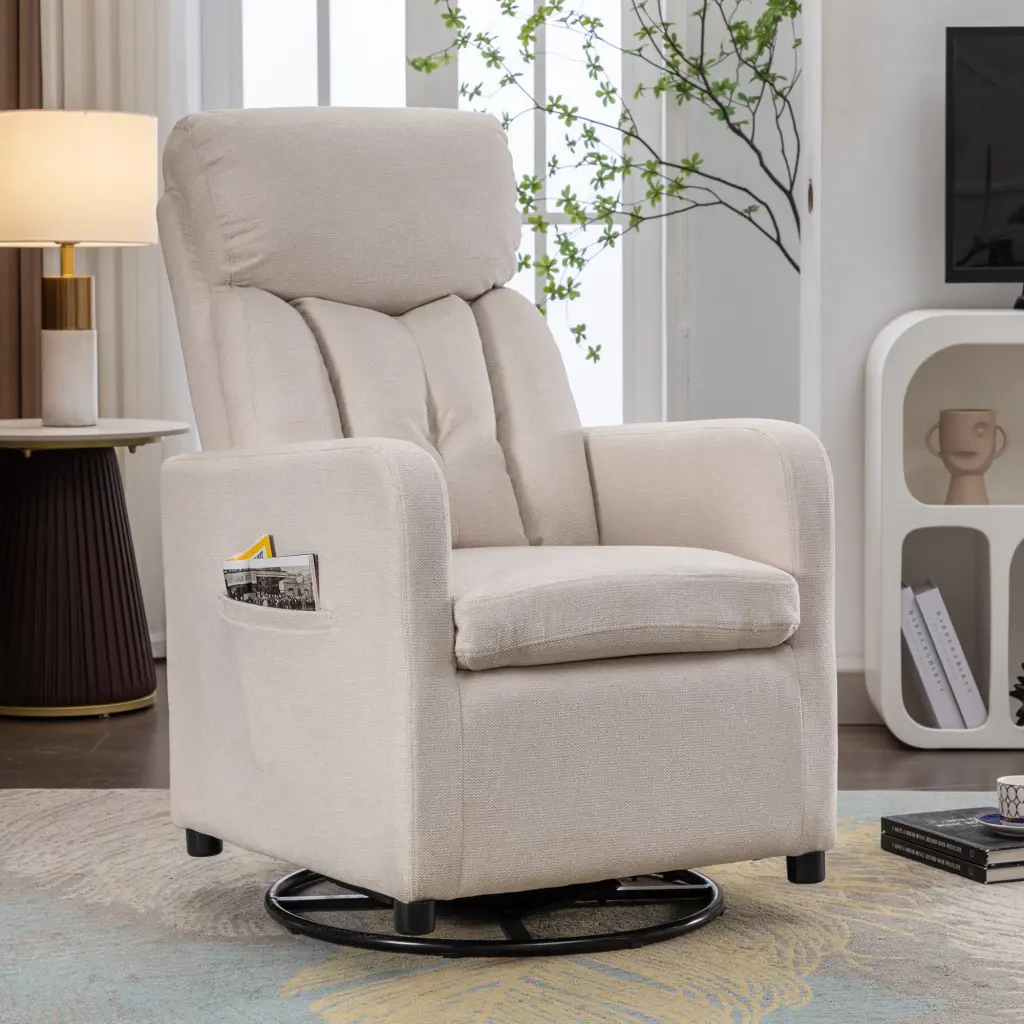 022 Linen Fabric Swivel Rocking Chair Gilder Chair Pocket, Beige Color dg collection