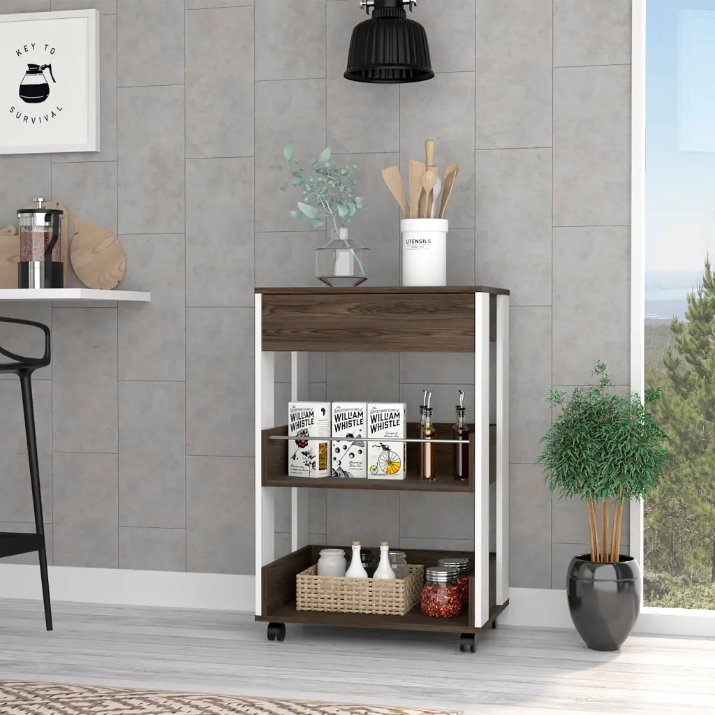 White and Dark Walnut Kitchen Cart 1 Drawer and 2 Shelves - Caster Wheels furniture max