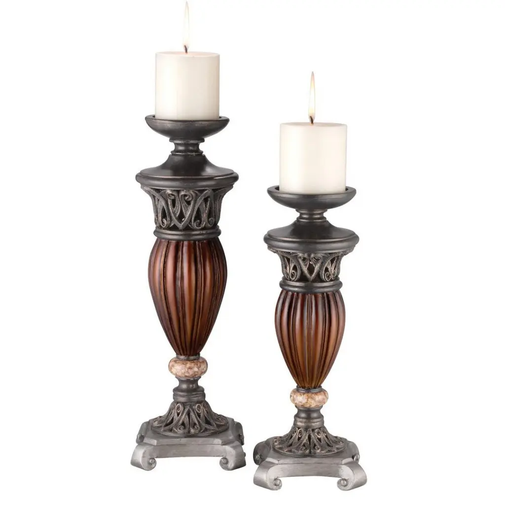 13 And 16 Inch Tall Polyresin Candleholder Bronze Roman Design Set 2 california home