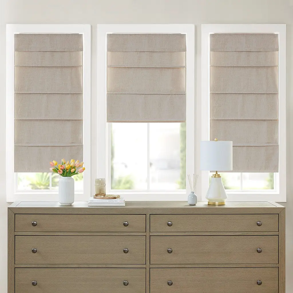 Faux Linen Cordless Total Blackout Roman Shade Natural Polyester Window Treatment jla