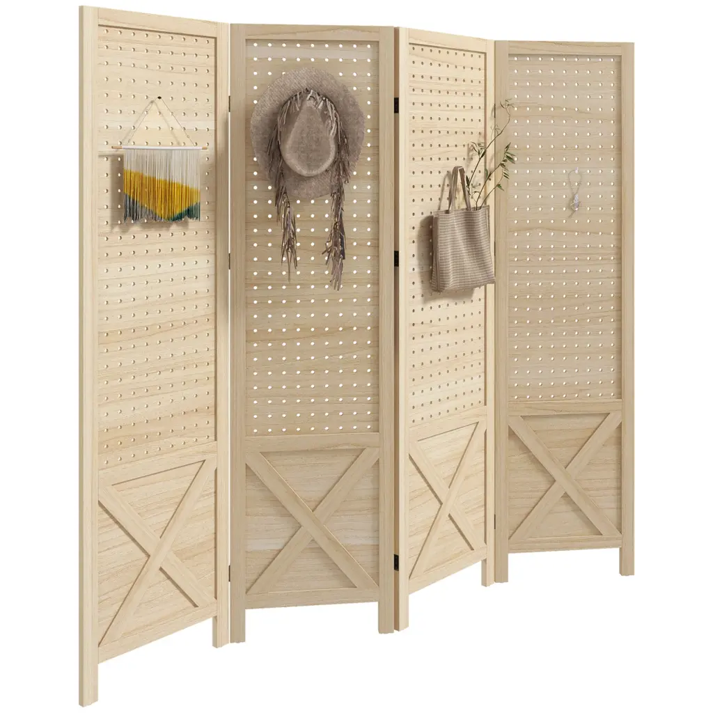 Homcom 4 Panel Pegboard Presentation Room Divider 4.7 Feet Tall Wood Indoor Privacy Screen aosom business