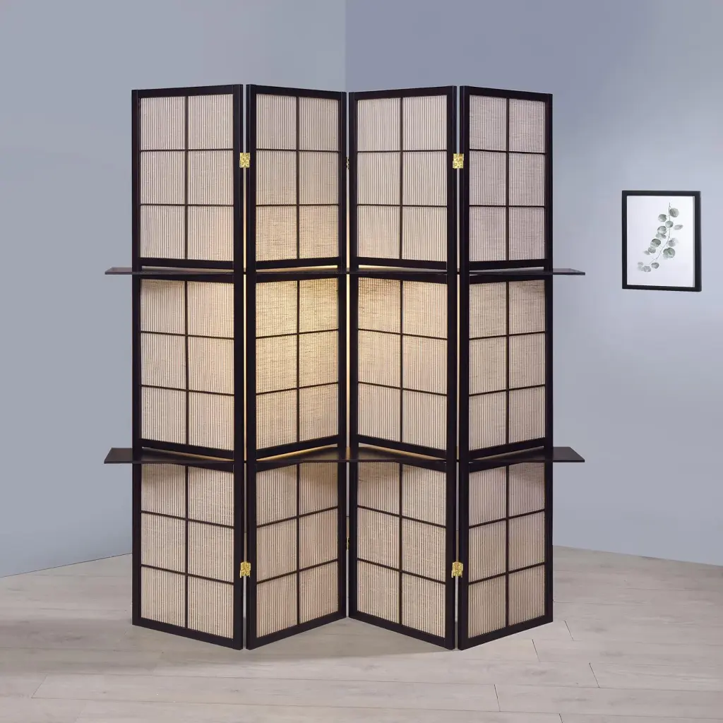 Tan And Cappuccino 4 Panel Folding Screen Brown Transitional Wood Room Divider furniture max