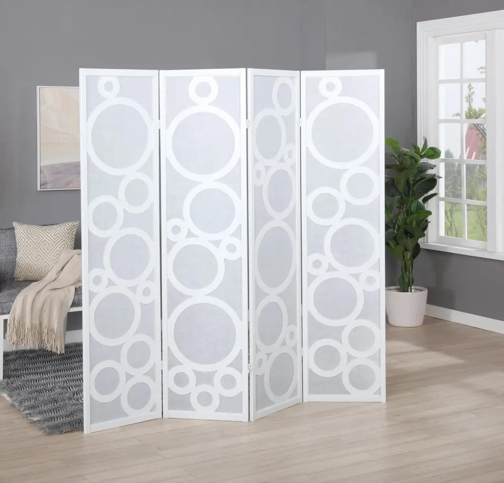 Arvada 4 Panel Wood Room Divider Circle Pattern White Wood Screen hz