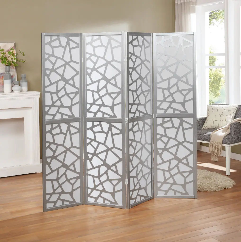 Giyano 4 Panel Screen Room Divider Silver Wood Paper hz