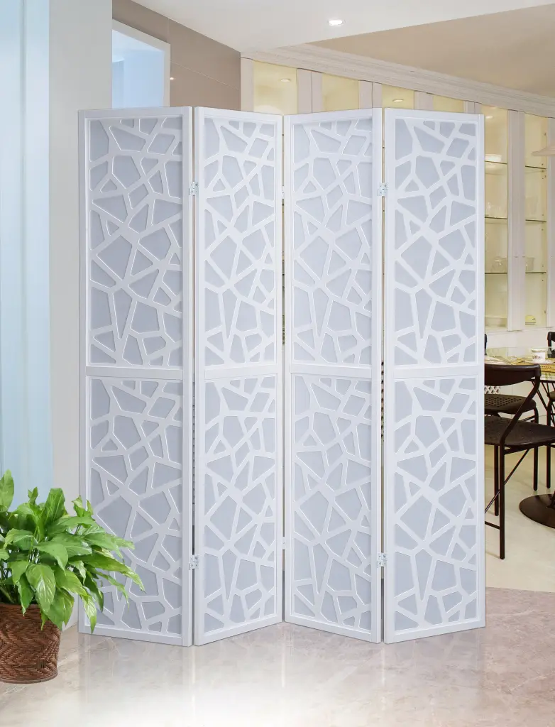 Giyano 4 Panel Screen Room Divider White Wood and Paper Folding Partition hz