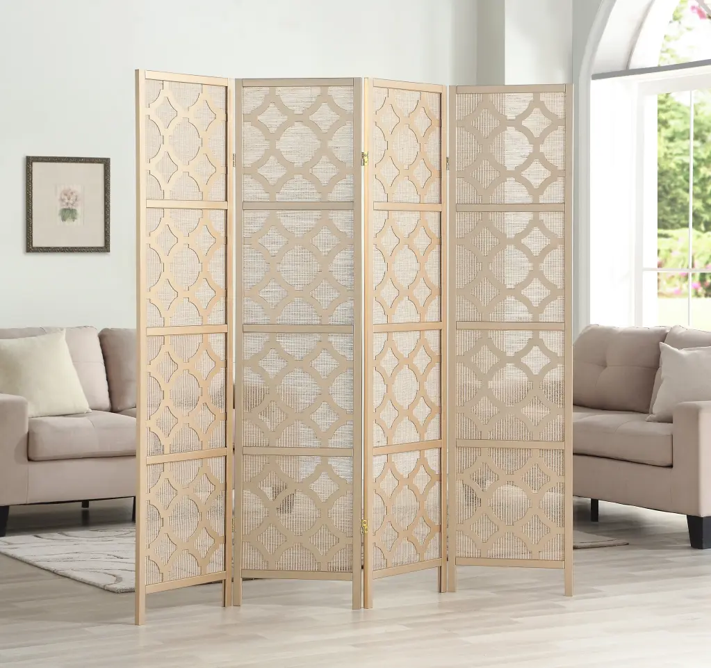 Quarterfoil Diamond Design 4 Panel Room Divider Gold Wood Finish hz