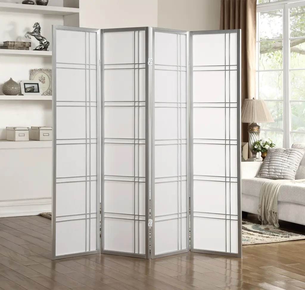Seto 4 Panel Room Divider Screen Silver Wood Paper hz