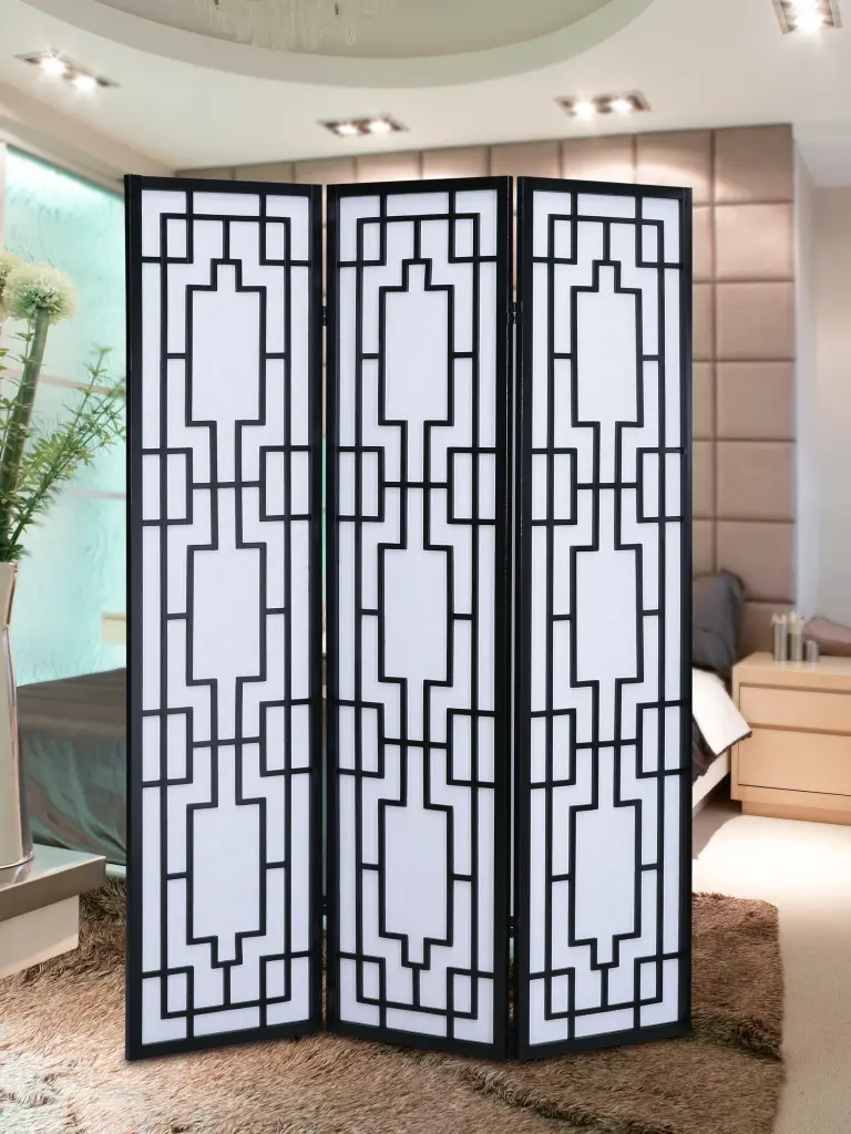 Sudoku 3 Panel Room Divider Screen Black Wood Paper hz