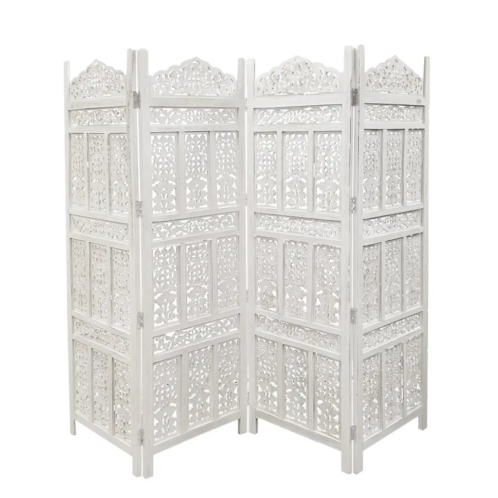 Aesthetic Carved 4 Panel Wooden Partition Screen Room Divider Distressed Finish royal hampton