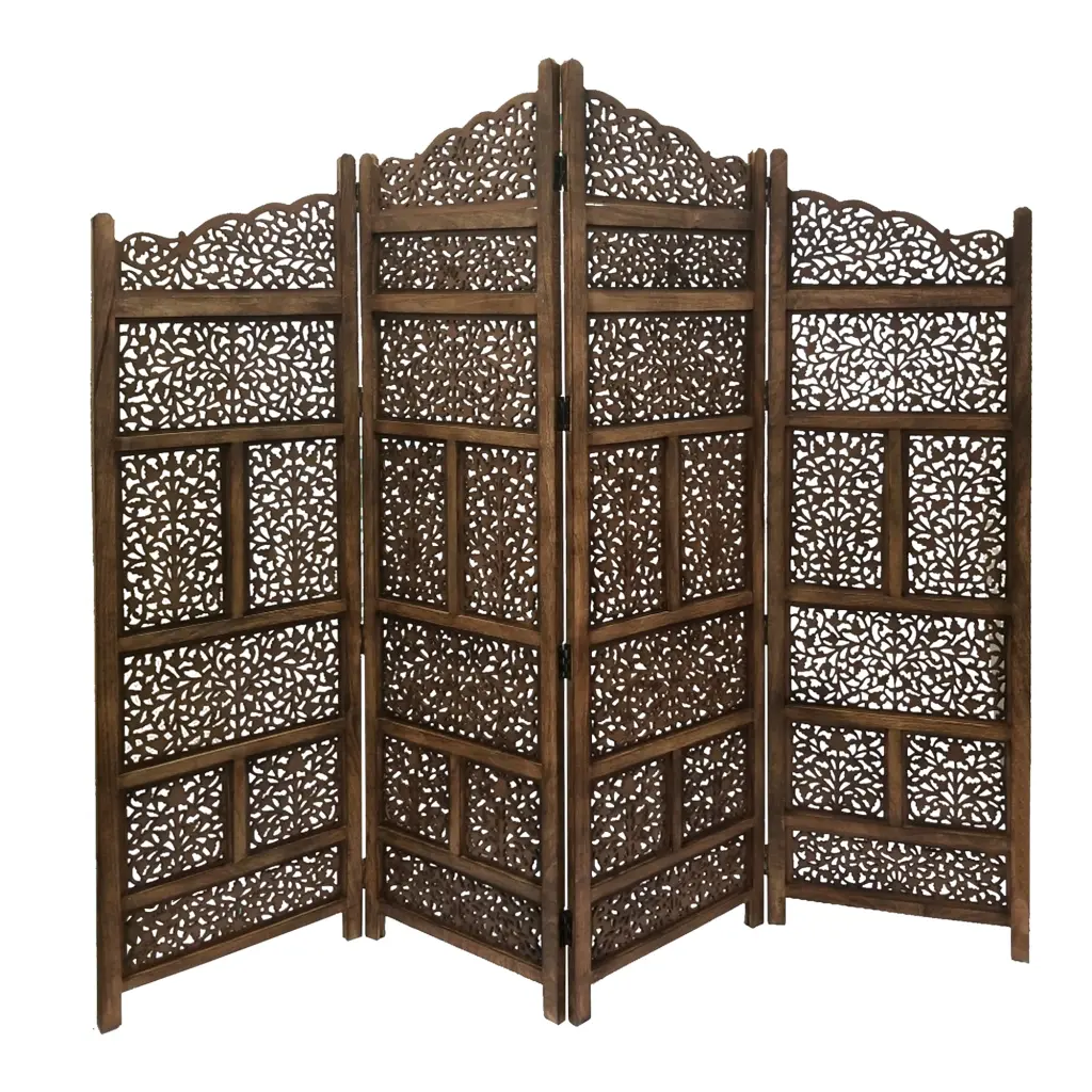 Hand Carved Foldable 4 Panel Wooden Partition Screen Room Divider Brown royal hampton