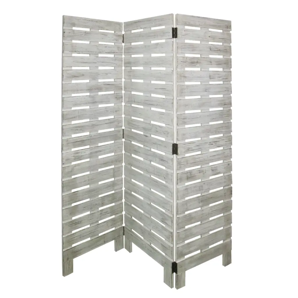 Textured 3 Panel Foldable Wooden Screen Slats Gray Room Divider royal hampton