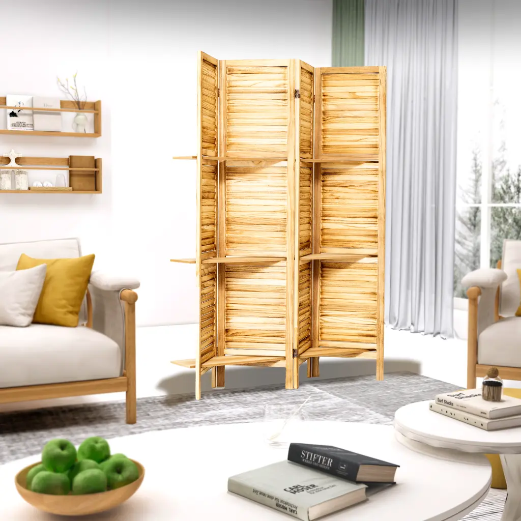 4 Panel Wood Room Divider Screen Shelves Freestanding Partition w2701