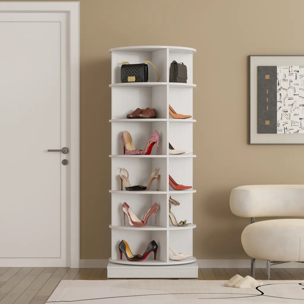 360 Rotating Shoe Cabinet 6 Layers White Melamine zr furniture
