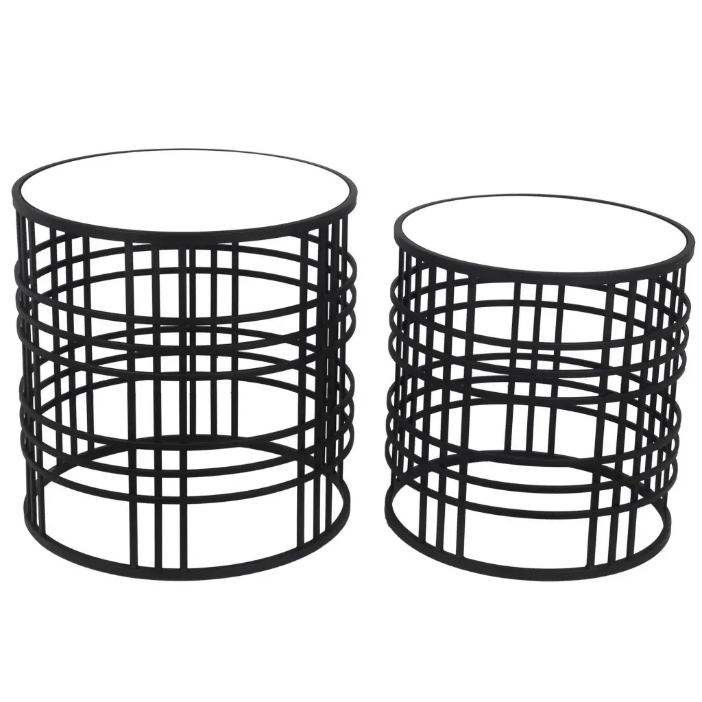 Mirrored Top Round Accent Table Open Base Set 2 Black royal hampton