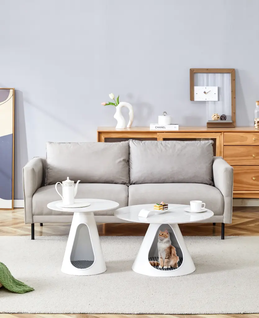 Set 2 Round Coffee Tables Marble Look Top And Steel Base Modern d-n furniture
