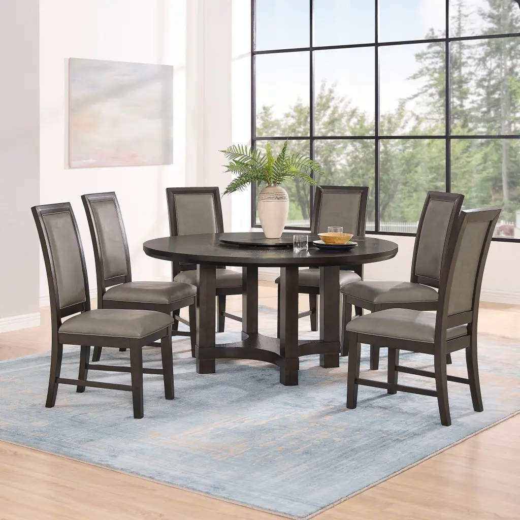 7PC Transitional Round Dining Table Lazy Susan and PU Upholstered Chairs Brown kanepe