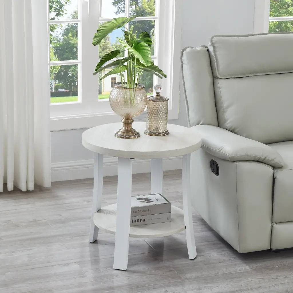 Anze Contemporary Round Wood Shelf End Table White Finish hz