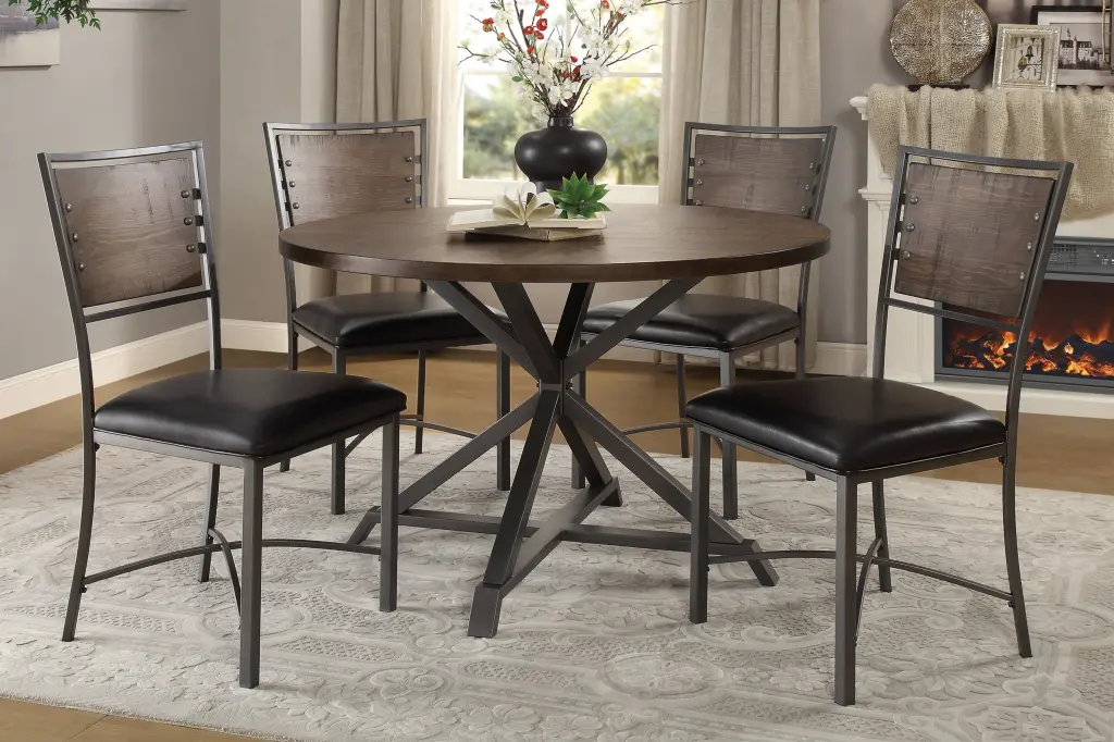 Rustic Industrial Style 5 Piece Dining Set Round Table And 4 Side Chairs kanepe