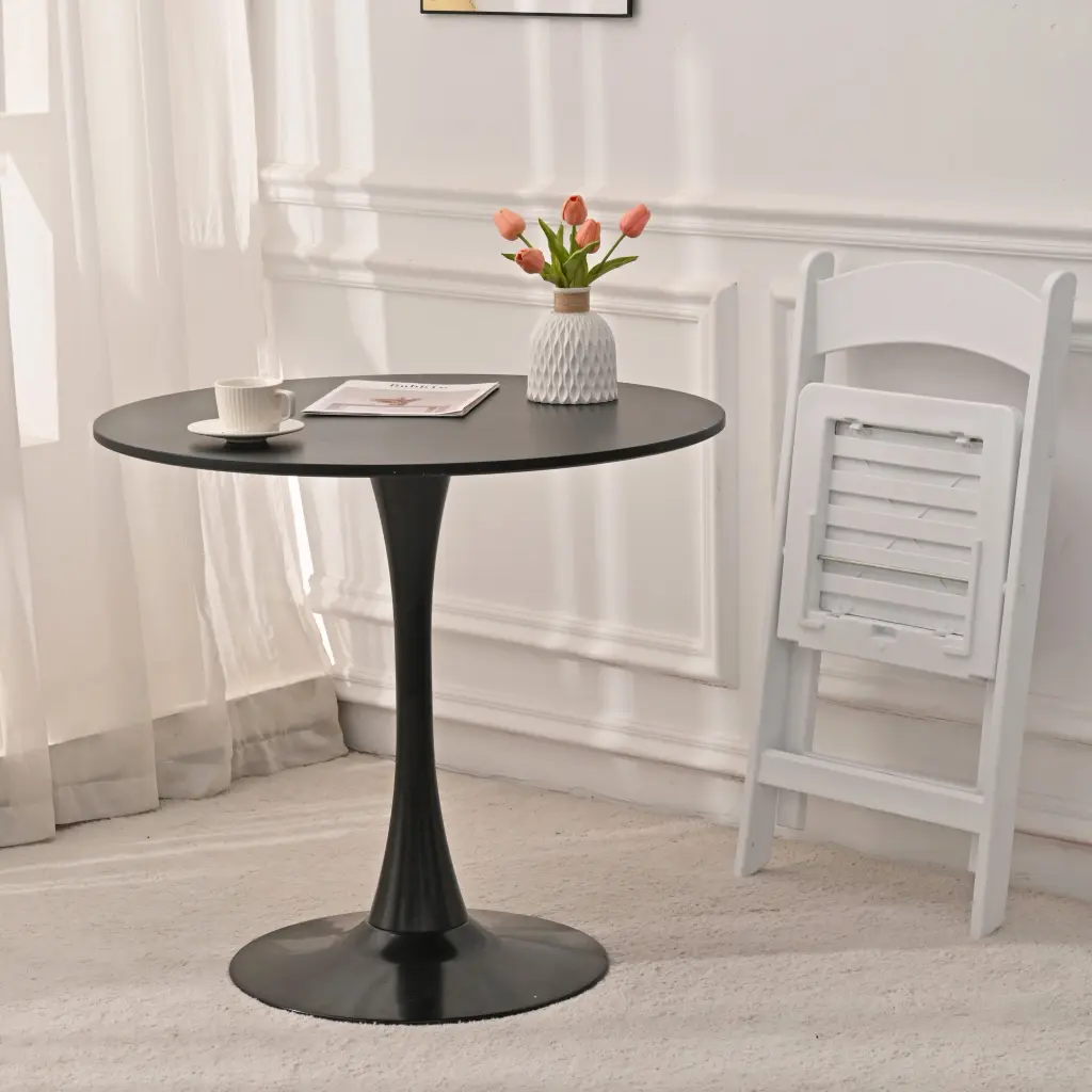 31.5 Inch Round Dining Table Mid Century Black Tulip Table Metal Base Pedestal rnb
