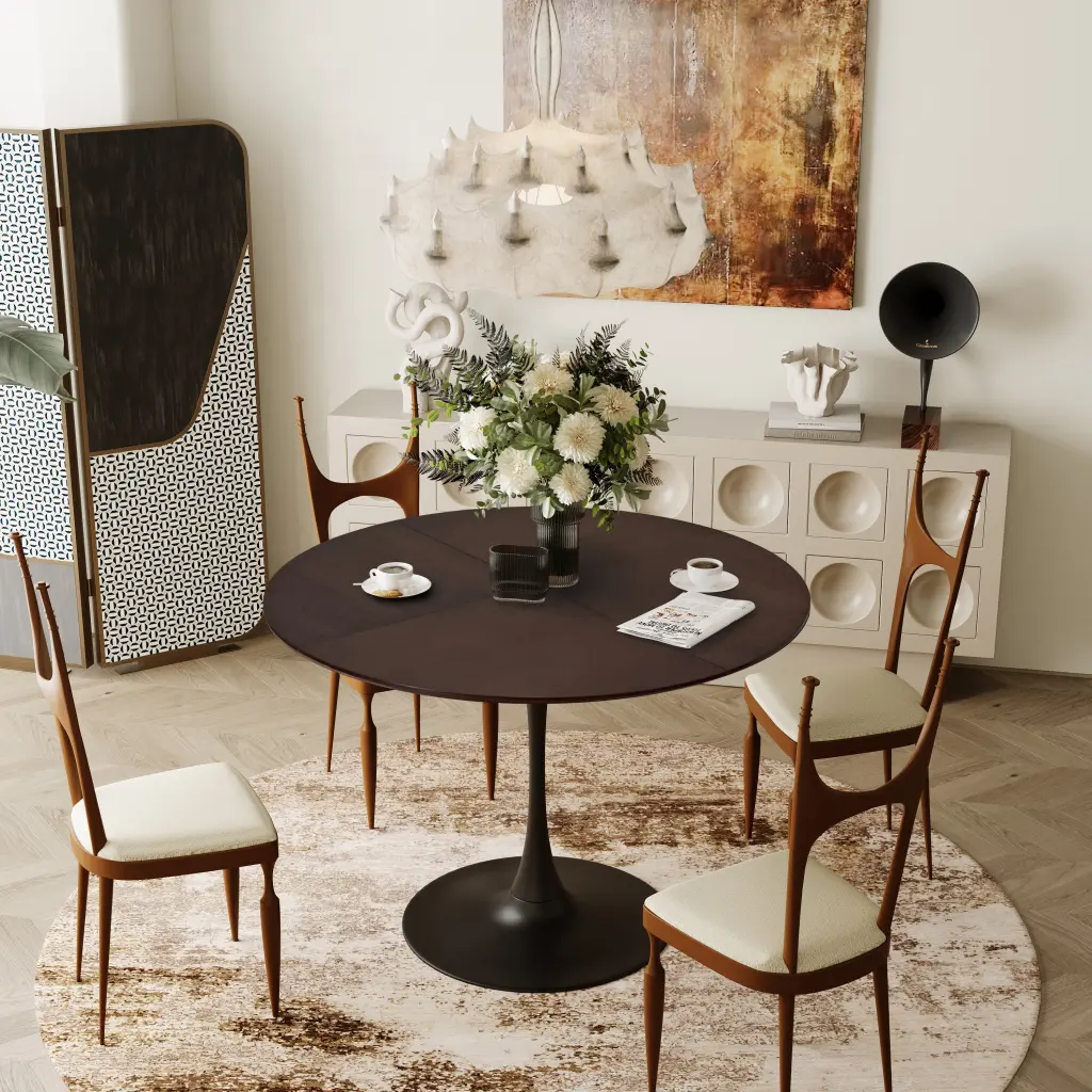 42.13 Inch Modern Round Dining Table Four Patchwork Brown Oak Tabletop rnb