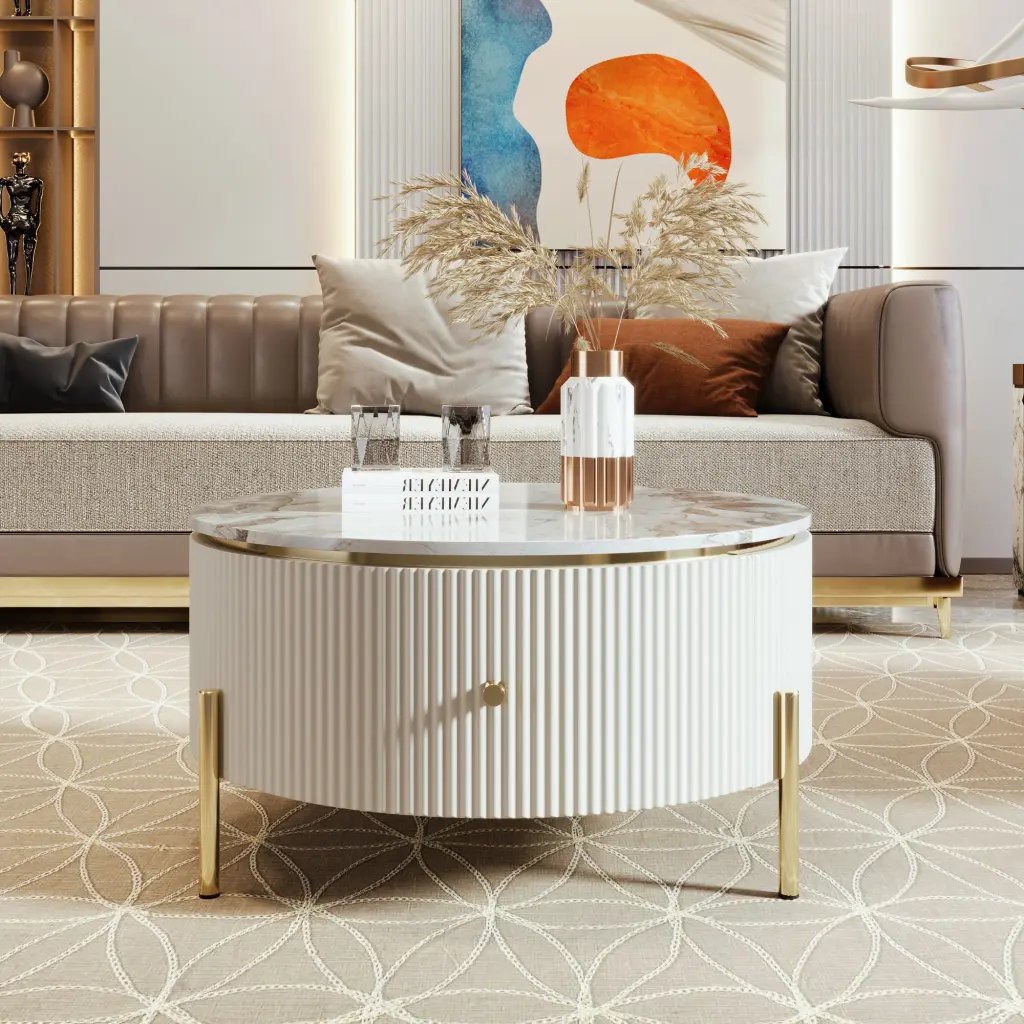 Modern Round Coffee Table 2 Large Drawers Storage Accent Table rnb