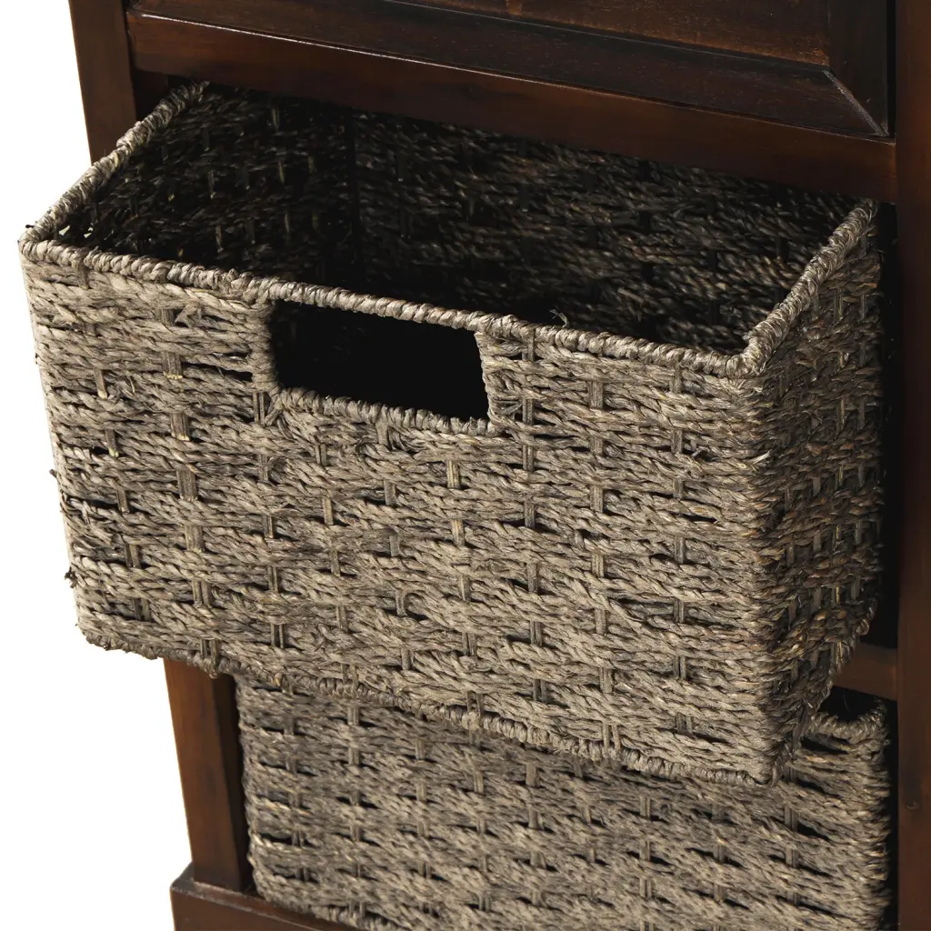 Rustic Storage Cabinet Two Drawers and Four Timeless Rattan Bins trexm