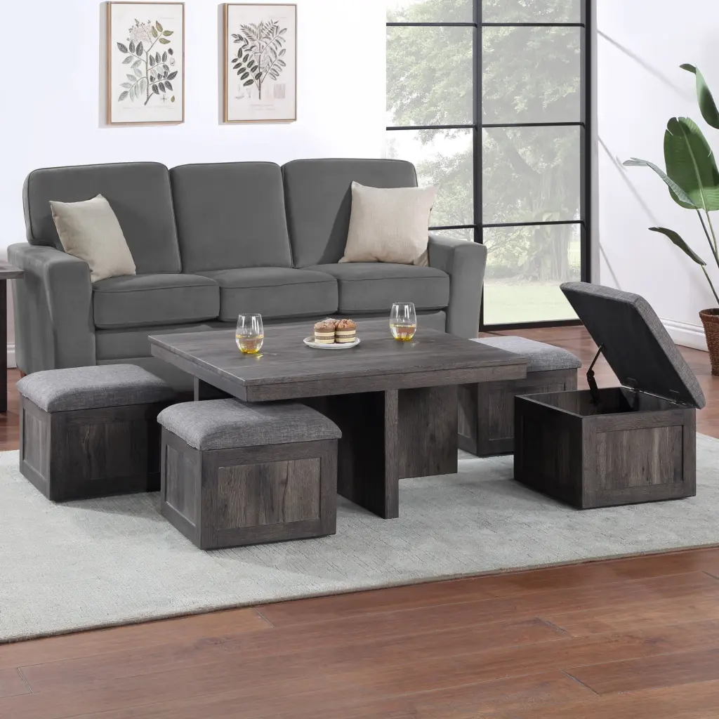 Moseberg 38 Inch Rustic Wood Coffee Table Storage Stools Brown Rubberwood lilola home