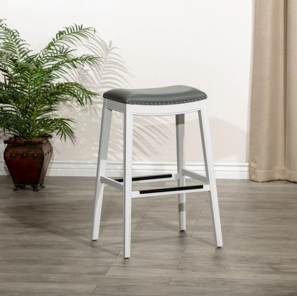 30 Inch Bar Height Saddle Stool White Finish Gray Leather Seat dty home