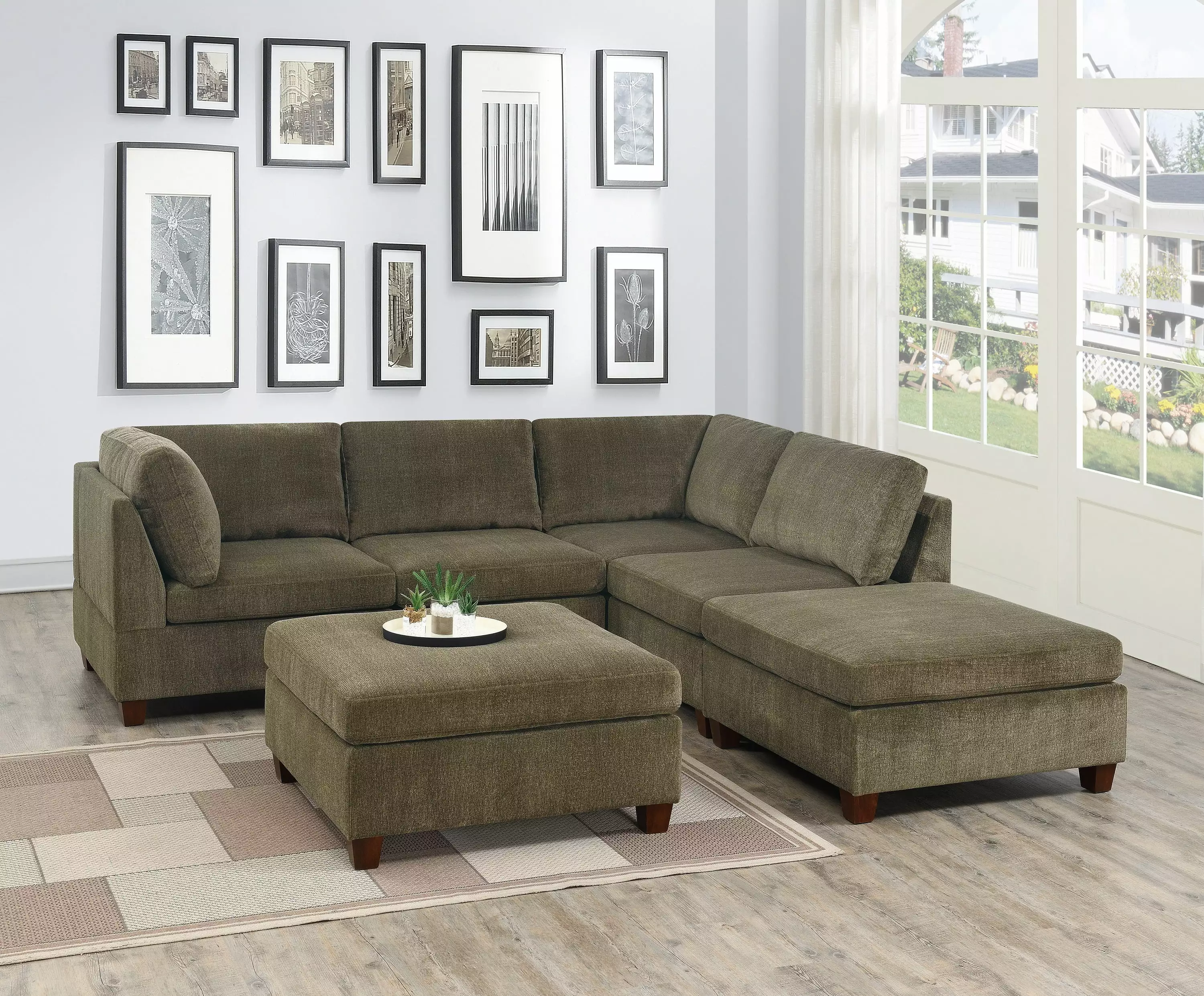 Homiyad Living Room Furniture Tan Chenille Modular Sectional 6Pc Set - L-Shaped Corner Sofa Ottomans