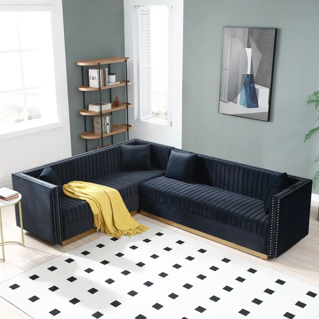 Contemporary Vertical Channel Tufted Velvet Sectional Sofa Modern Upholstered Couch aijiafurniture