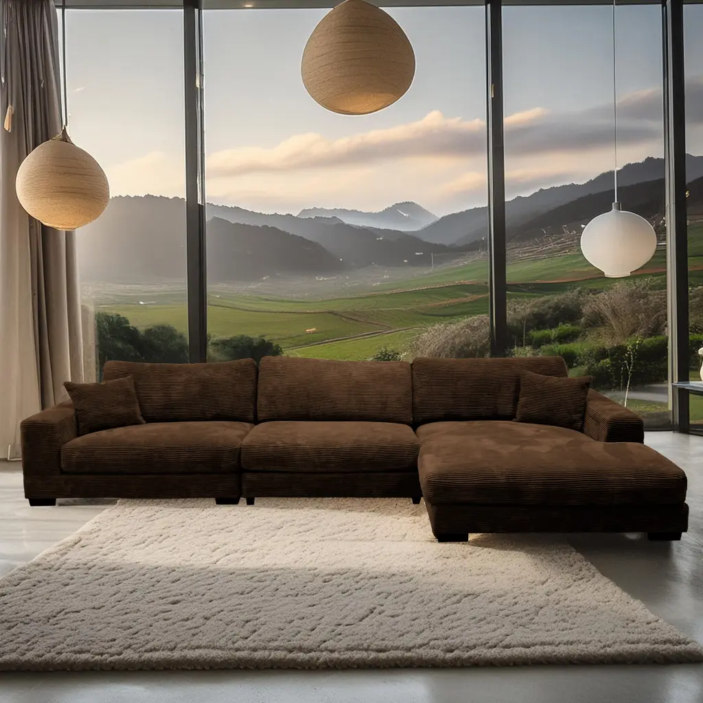 Bella Brown Corduroy Right Facing 3 Piece Sectional Brown Wood Corduroy Sofa american homestead furniture