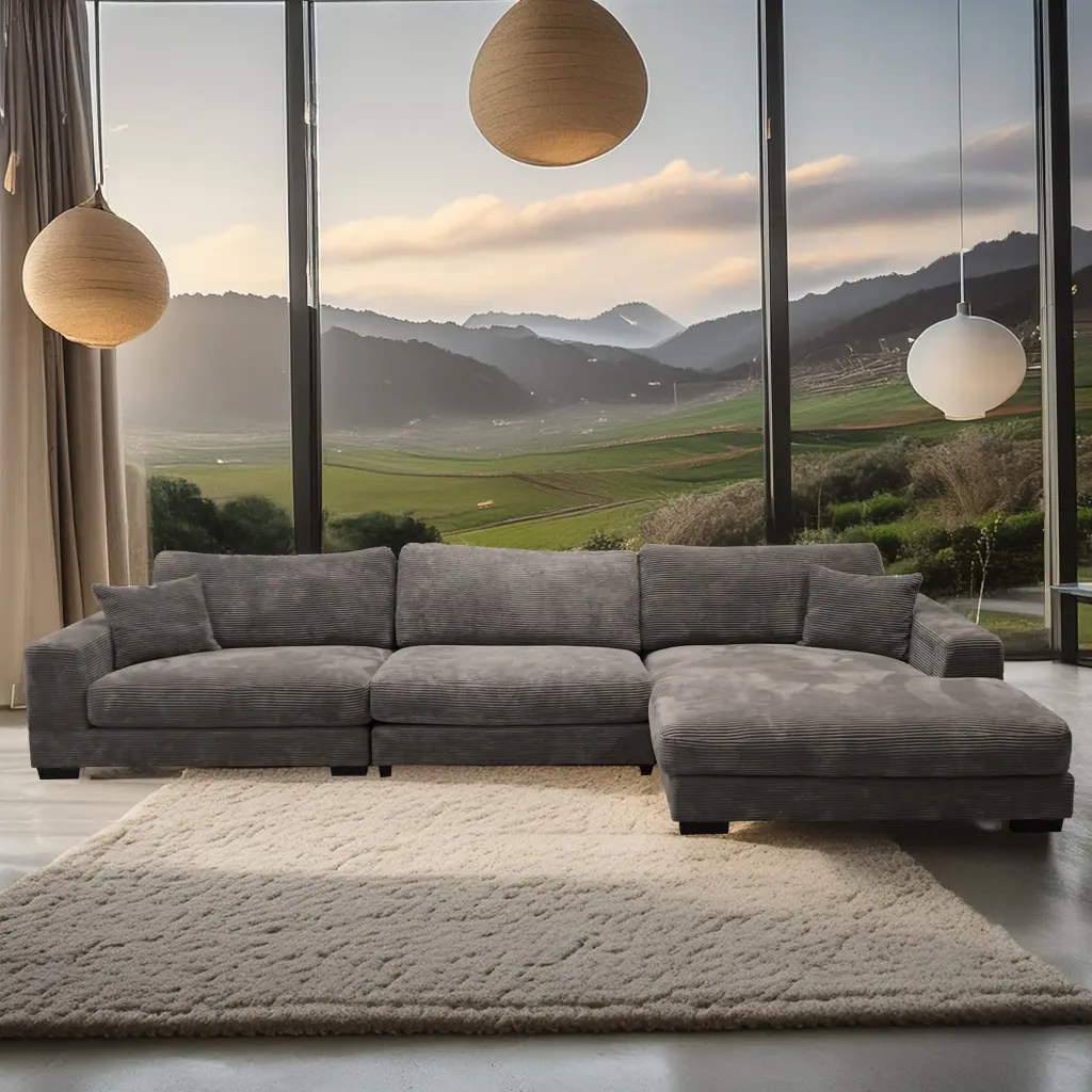 Bella Grey Corduroy Right Facing 3 Piece Sectional Grey Wood Corduroy Sofa american homestead furniture