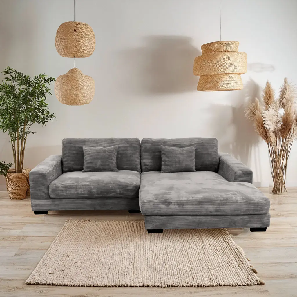 Bella Grey Corduroy Right Facing Sectional Sofa Wood Legs, 2 Piece Modular Couch american homestead furniture
