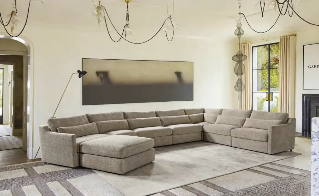 Hampshire Unbleached Linen Modular 7 Piece Sectional Sofa Beige Wood Legs american homestead furniture