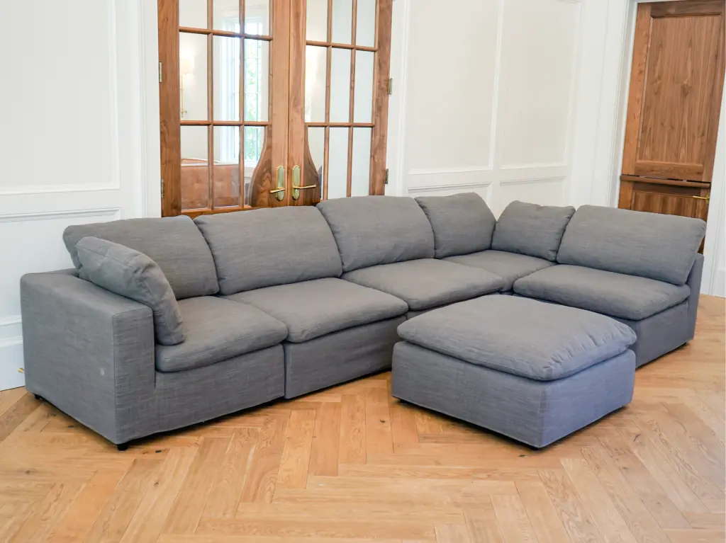 Harper Luxe Grey Sectional 6 Seat Configuration Grey Wood Linen Sofa american homestead furniture