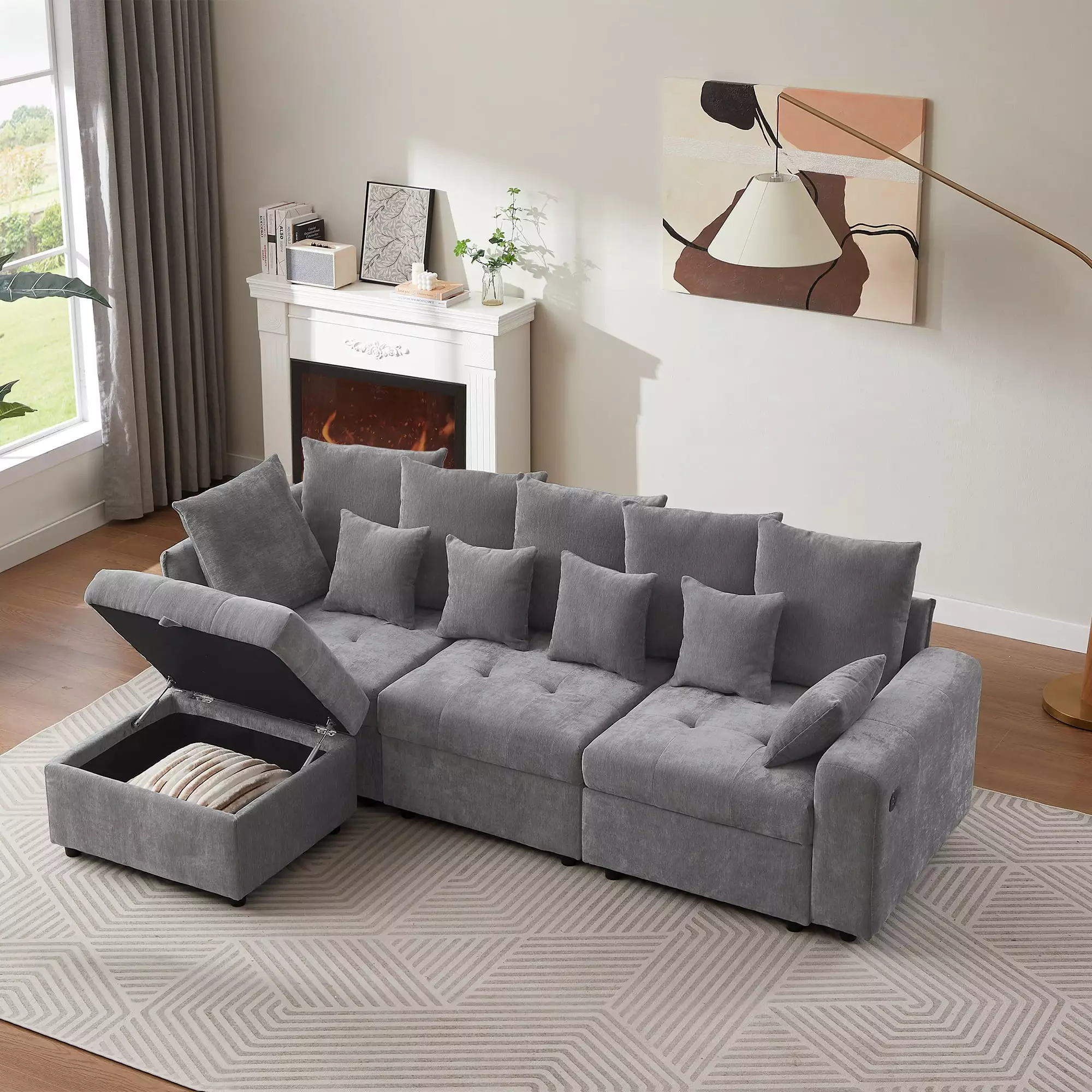 96.45 Inch Sectional Sofa USB Ports, Removable Ottoman, and Five Back Pillows - Grey Living Room Furniture CNCJ