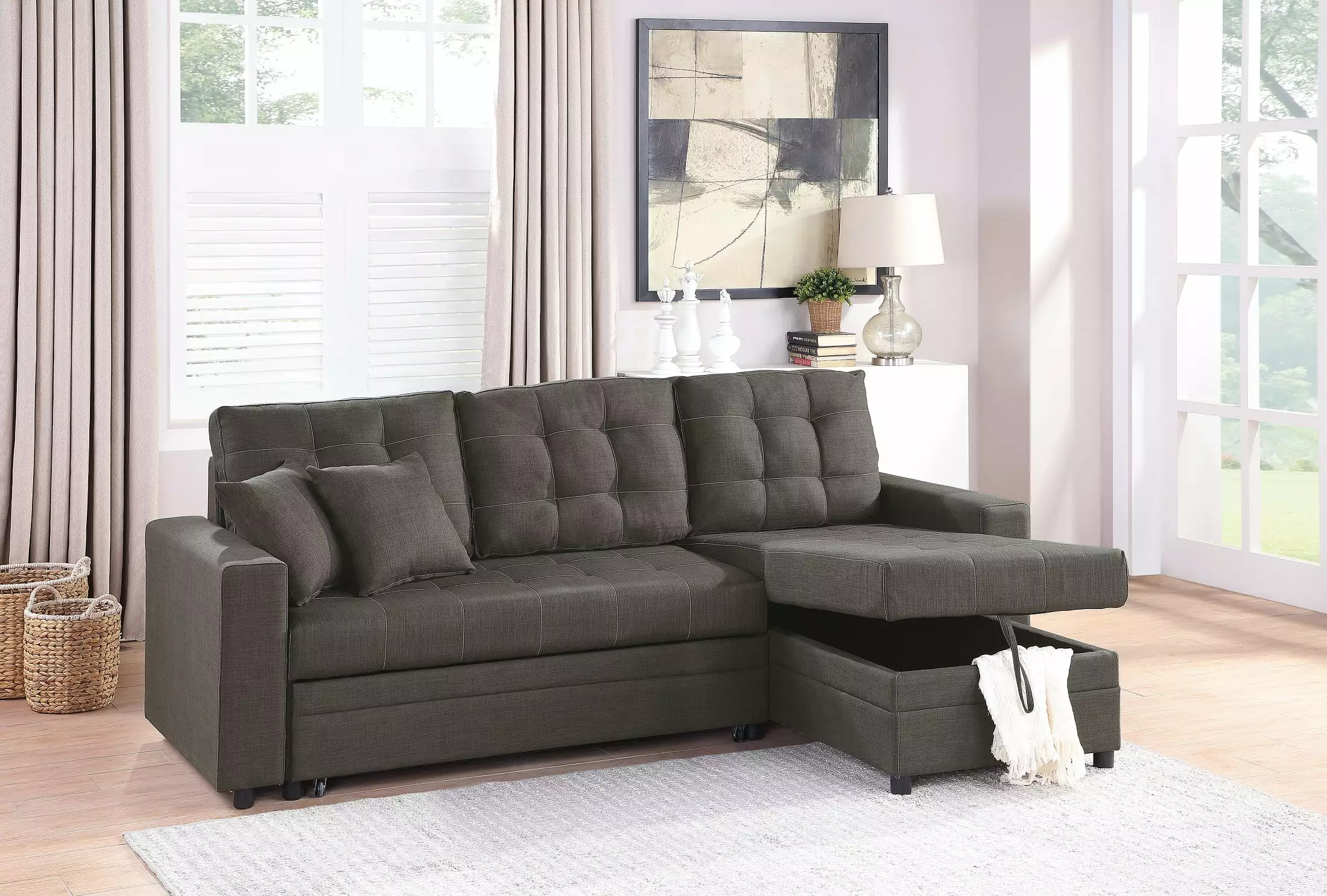Convertible Sectional Sofa Set 2pc Ash Black Polyfiber Cushion Couch Esofastore