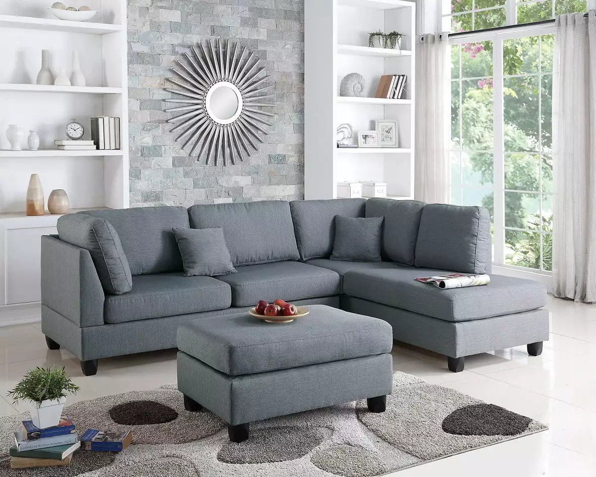 Reversible Grey Polyfiber Sectional Sofa Ottoman - Modern L/R Chaise Couch Living Room Esofastore