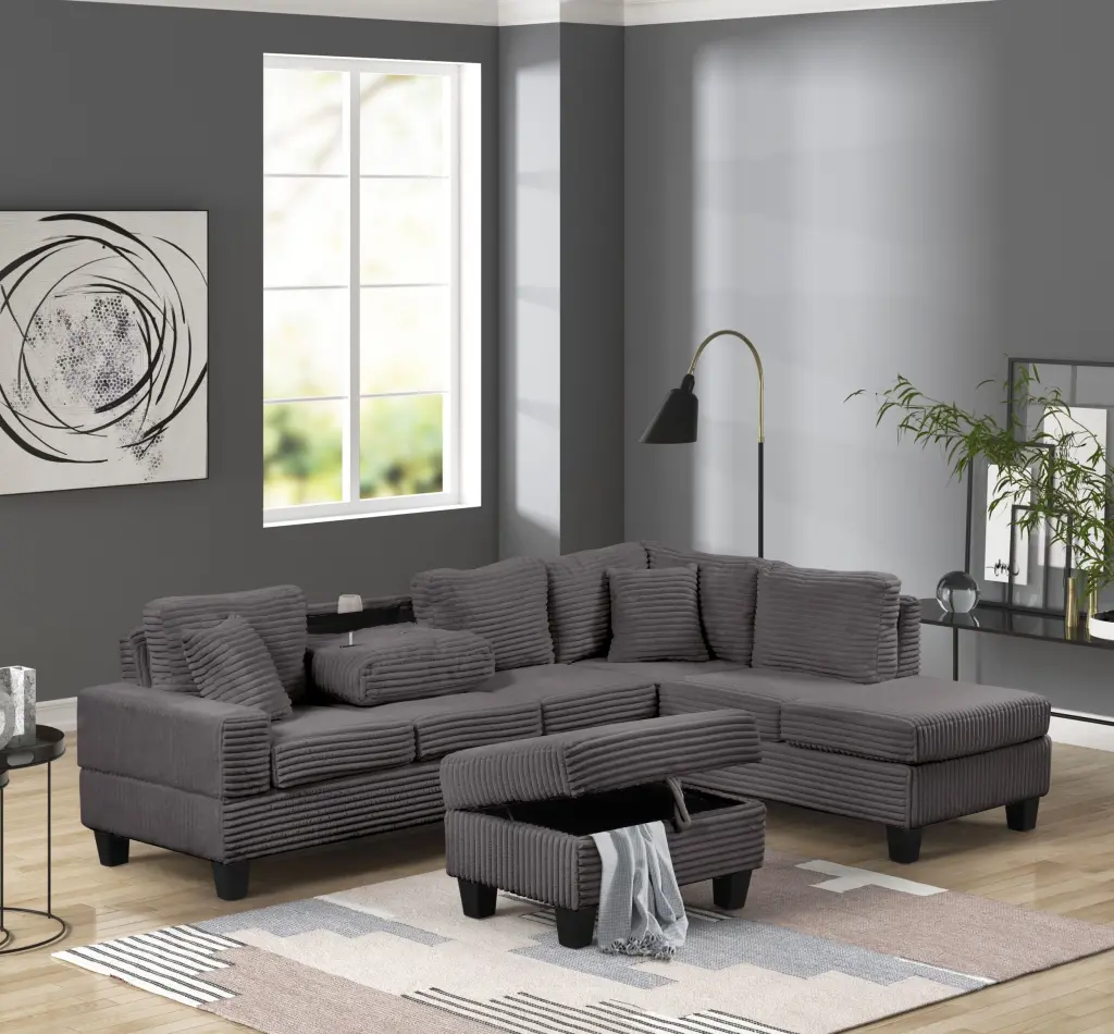 Comfortable Modern Style Recliner Sectional Sofa Wood Frame Gray Fabric Living Room Furniture galaxy home furnishings