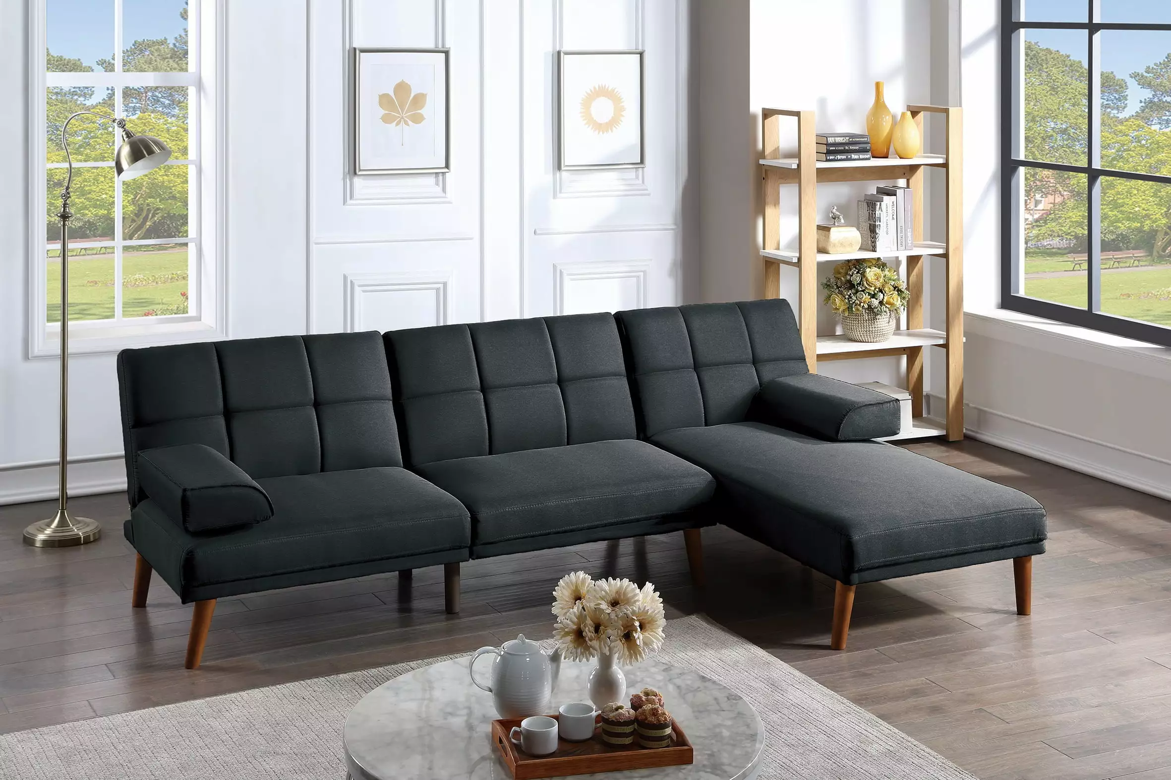 Black Polyfiber 2-Piece Sectional Sofa Set Solid Wood Legs Tufted Couch Adjustable Chaise Ghislaine